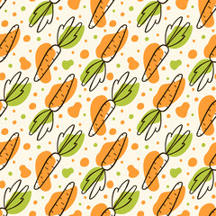 Food Vector Seamless Pattern with Line Carrots Drawing and Orange and Green Splashes. Autumn Vegetables Trendy Print, Kitchen Wallpaper, Packaging Paper Doodle Design, Textiles, Notebooks, Tableware.