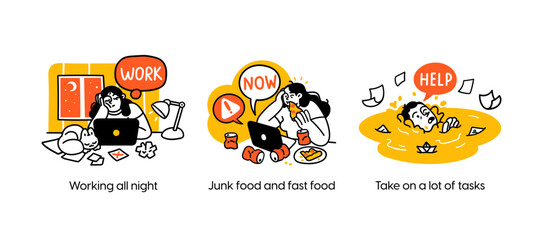 Remote Work Benefits, Limitations and Workflow Organization Concept illustrations. Collection of scenes with people organizing and improving their workflow. Visual stories collection