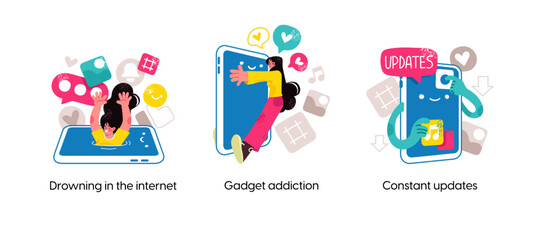Modern social media problems, peculiarities and differences. Concept business illustrations. Internet and gadget addiction.