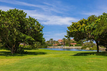 Beautiful colorful nature landscape view. Green grass field, green trees and little pond on front and pink hotel buildings and blue sky on background. Aruba.