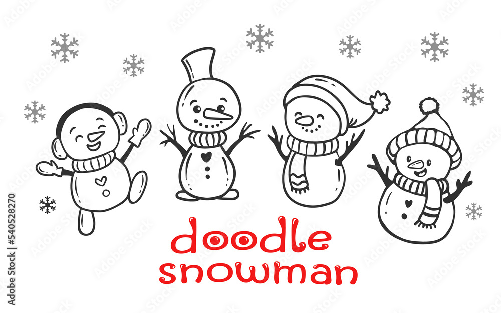 Wall mural set of cartoon christmas snowman doodle style. funny snowman wearing hat, scarf and mittens collecti