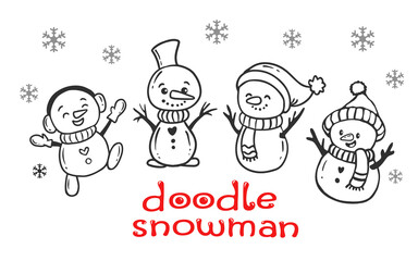 set of cartoon christmas snowman doodle style. Funny snowman wearing hat, scarf and mittens collection on white background.