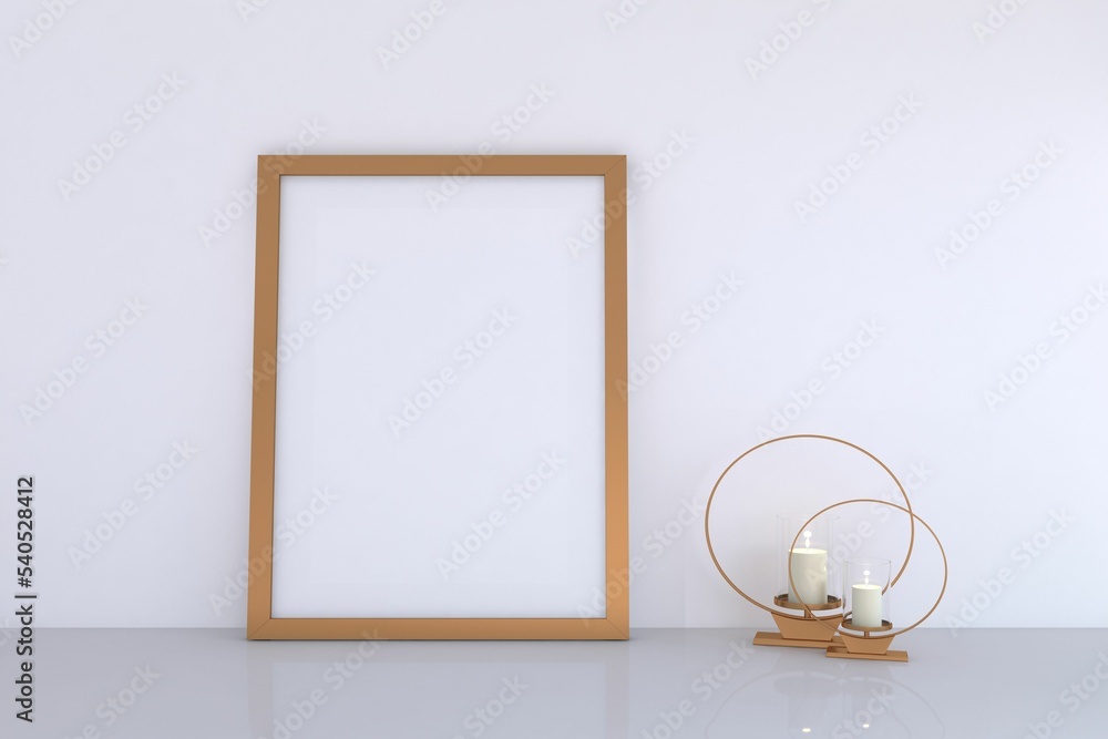 Sticker 3d rendering of a mockup frame and candles near a white wall