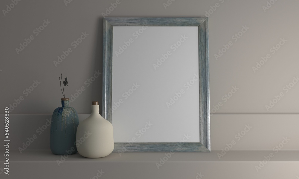 Poster 3d rendering of a mockup frame and vases near a gray wall