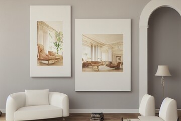 Interior in classic style in white with armchairs and lamps with picture frames, wall mounted, 3D renderings.
