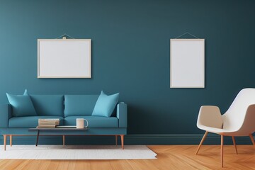 mock up poster frame in modern interior background, living room, Scandinavian style, 3D render, 3D illustration