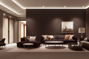 3d rendering. Black interior with brown sofa. Decorative plaster in the interior. Illumination of a decorative wall. Luxurious apartments. Living room.
