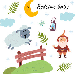 Adorable Sheep jumps over the fence, the magical Dwarf wishes sweet dreams. Bedtime baby vector illustration vector