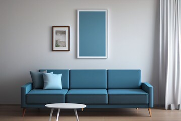Poster frame mock up in home interior background with sofa, table and decor in living room, 3d render