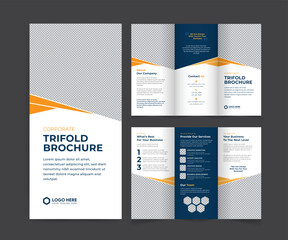 Corporate trifold brochure template. Modern, Creative, and Professional tri-fold brochure vector design. Simple and minimalist layout with blue and yellow colors. Corporate Business Trifold Brochure.