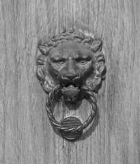 Black and white background, Venetian lion head door knocker and historic symbolic carved Italian design.