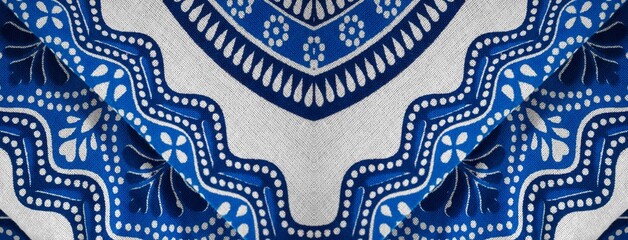 Abstract blue cloth cotton textile design, white background with blue mosaic print, horizontal image and symmetrical ornament style.