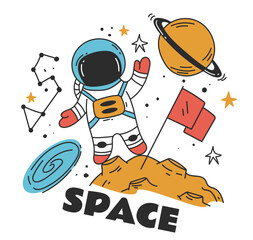 Space astronaut character galaxy planet logo t shirt print cosmos concept. Vector graphic design illustration element © PrettyVectors