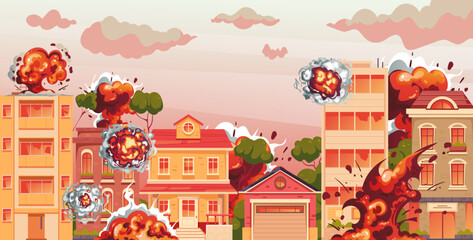 Burning fire city buildings war explosion illustration concept. Vector graphic design illustration element
