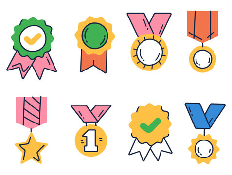 Award medal prize badge line art style trophy abstract isolated set. Vector graphic design illustration element
