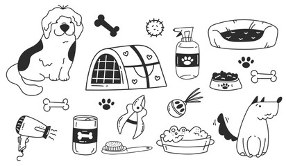 Dog pet puppy vet bath grooming supplies brush tools line art style isolated set. Vector graphic design illustration element