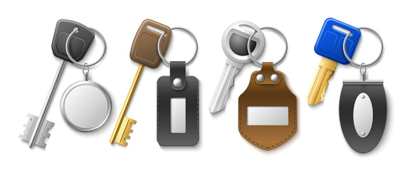 Fototapeta na wymiar Keys with key chains. Realistic isolated keychains, leather and metal modern tags and pendants, different shapes charms, 3d holders various metal and different forms. Utter vector set