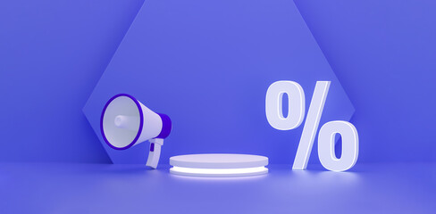 Podium with a discount sign and a megaphone on each side on purple background.