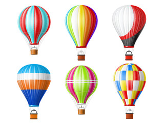 Realistic airship. 3d isolated hot air balloons with baskets, multicolor sky transport, inflatable fly aerial objects with colorful patterns, vintage aviation, flying vehicles utter vector set - obrazy, fototapety, plakaty
