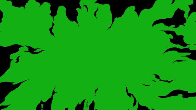 Cartoon black fire effect transitions on a green screen. Cartoon black abstract transitions with key color. Key color background, chroma key, 4K video.