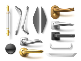 Realistic metal door handles. Isolated interior accessories, furniture steel, chrome and bronze handles, different shapes 3d objects modern and classic design, room entrance, utter vector set