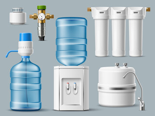 Realistic water filters. 3d home purification systems, cooler with plastic bottle, chrome faucet and spare cartridges, office drinking water treatment devices, utter vector isolated set