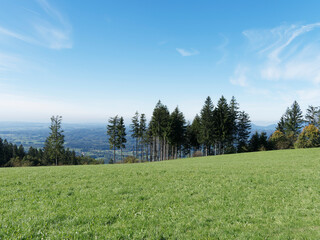 Hotzenwald im Südschwarzwald. Entlang Holzenpfad. Wunderbares Panorama über das Rheinthal vom Heuberg und dem Flugplatz Hütten