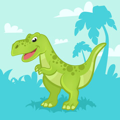 Cartoon green dinosaur on a blue background. Prehistoric time