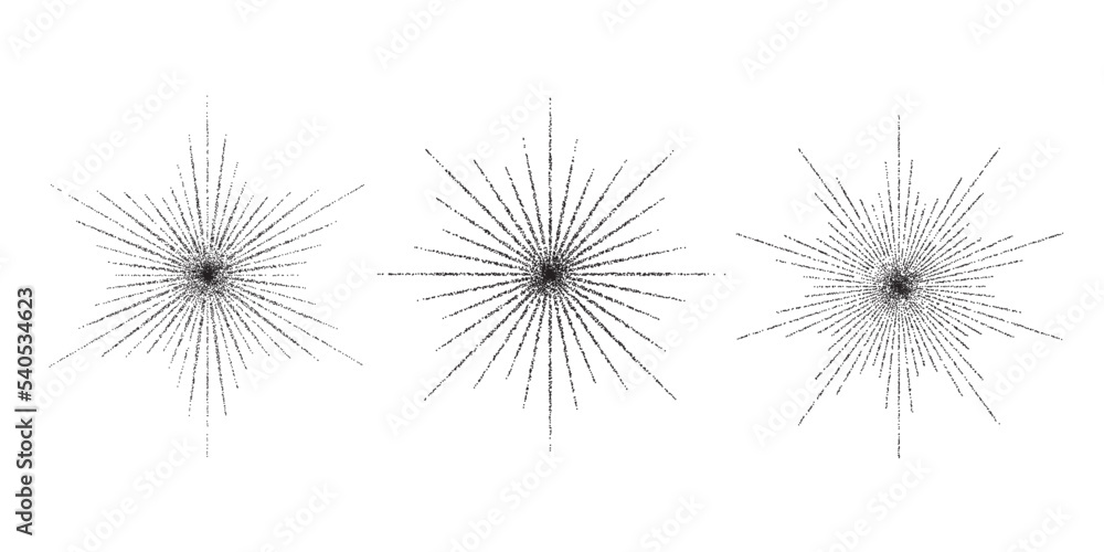 Aufkleber Dotted grain star with beams set. Black stippled ray sparkle and flare collection. Various noise textured asterisks. Different halftone dot work stellar forms and burst explosion. Vector sparks. 