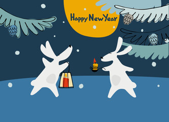 Obraz na płótnie Canvas Happy New Year greeting card with Water Rabbit, zodiac animal for 2023 in the night forest. Funny Chinese horoscope rabbit and hand-lettered greeting phrase
