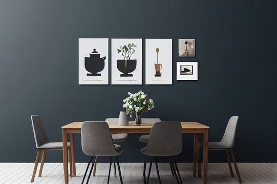 Stylish scandinavian dining room interior with mock up poster frame, wooden table, furniture, teapot with cups, black decoration and elegant accessories. Ready to use. Template. Modern home decor.