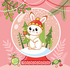 Christmas card with New Year's bunny in a balloon. New Year illustration
