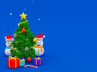 3d minimal Christmas template. Christmas theme on blue background with copy space and Christmas ornament. Christmas tree with gift boxes and snowmen. 3d rendering illustration.