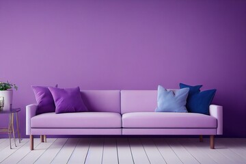 Living room design interior in very peri trend color 2022. Lavender wall and blue violet sofa. Mockup blank space. 3d rendering