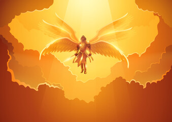 Archangel with six wings holding a sword in the open sky