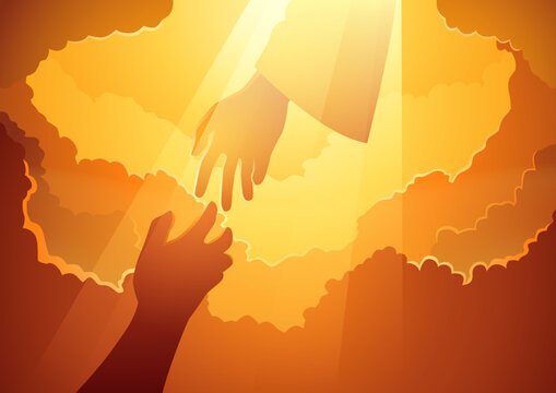 God in the open sky with human hands trying to reach Him