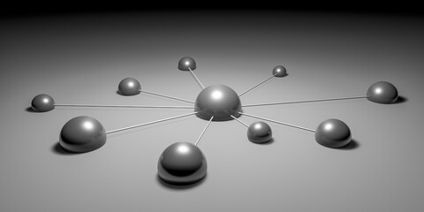 3D illustration of silver metallic connected dots or spheres, teamwork cooperation or group network concept background