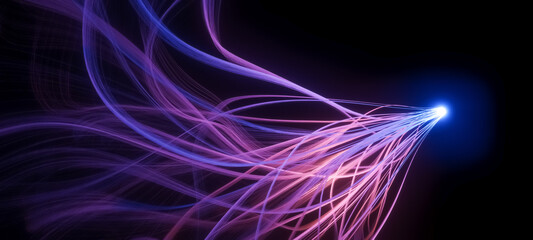 Abstract 3D illustration of purple glowing orb with long curly waving tendrils, science or research concept, neuron cell or synapse visualization on black background