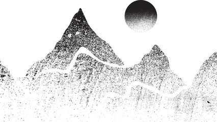 Mountain silhouettes with sun. Peaks in sunset. Transparent background .Overlay texture . Fog over mountain landscape . Summit and sunset logo .Vector