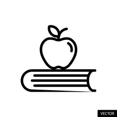 Apple on book, Educational concept vector icon in line style design for website, app, UI, isolated on white background. Editable stroke. Vector illustration.