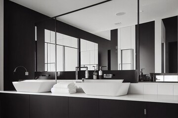 Fototapeta na wymiar Modern bathroom interior with stylish mirror and vessel sink