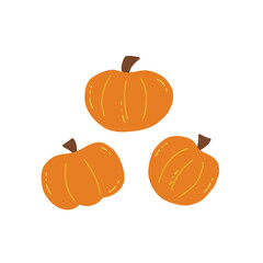 Set of cute pumpkins. Colorful doodle vector isolated illustration hand drawn. Happy Halloween. Harvesting autumn season. Ripe gourd, organic vegetable food group