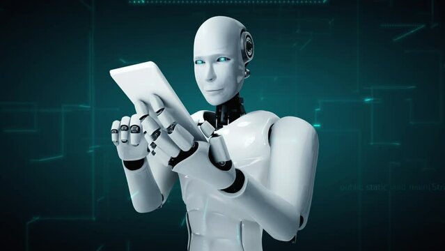 Futuristic robot artificial intelligence huminoid AI programming coding technology development and machine learning concept. Robotic bionic science research for future of human life. 3D rendering.