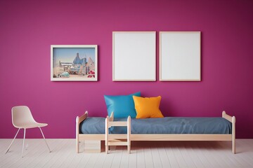 mock up poster frame in children's bedroom, Scandinavian style interior background, 3D render, 3D illustration