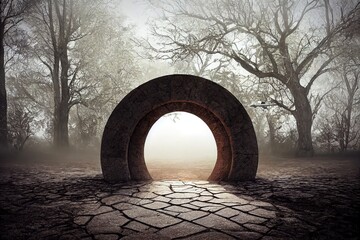 Magical portal on winter landscape fairy tale backgroun. 3d rendering. Raster illustration.