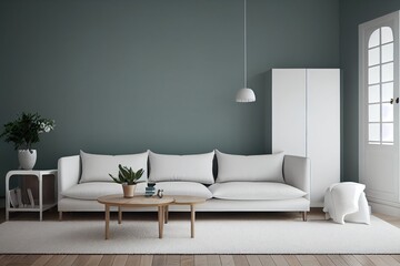 White living room with sofa. Scandinavian interior design. 3D illustration