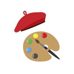 Painting palette and beret icon in cartoon style isolated on white background. France convention of the stock vector illustration - obrazy, fototapety, plakaty