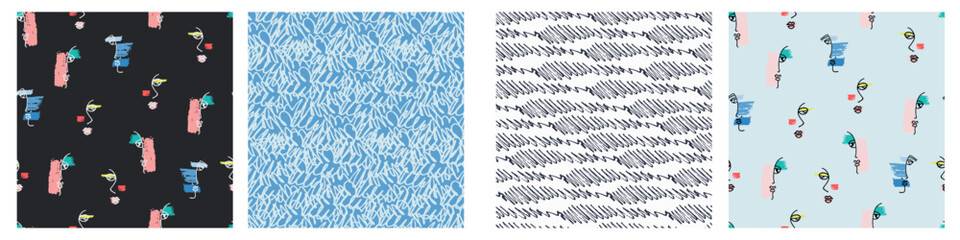Seamless patterns set with hand drawn surreal female faces. Contemporary line art. Wallpaper, background for surface design and other design projects
