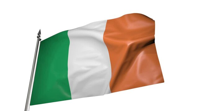 Flag of Ireland on a flagpole. Animation 3D on a white background