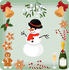 christmas card with snowman, gingerbread, champagne, candies and other christmas elements